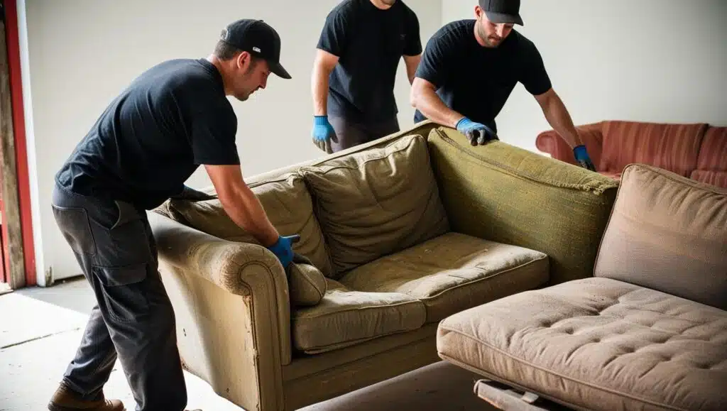 Three men moving a couch in a room.