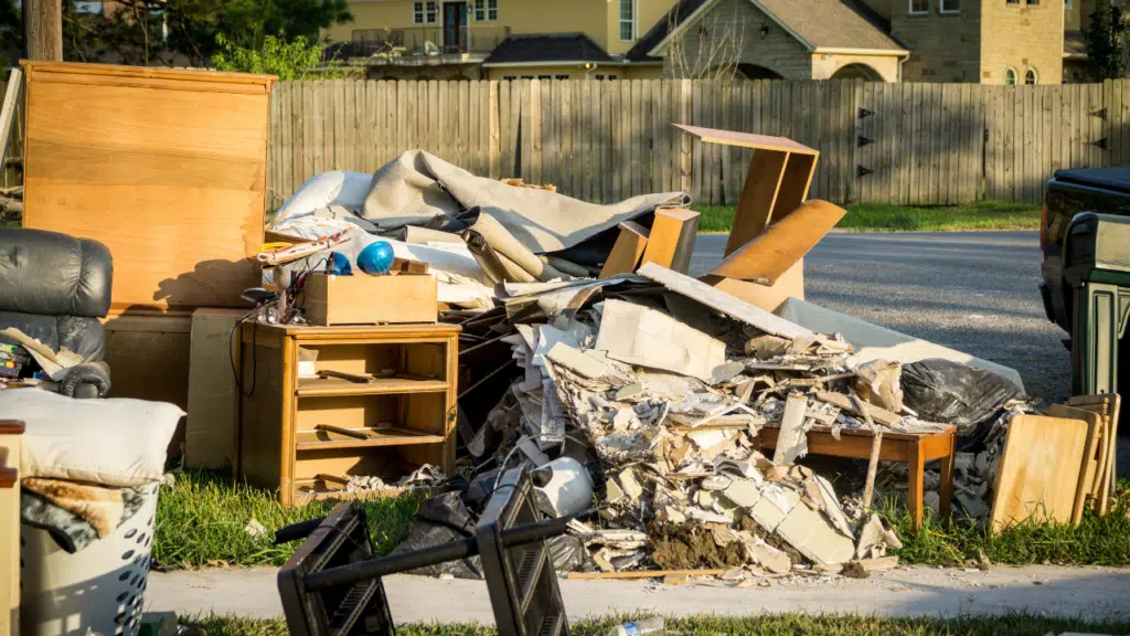 A pile of rubble and debris on the side of a street.