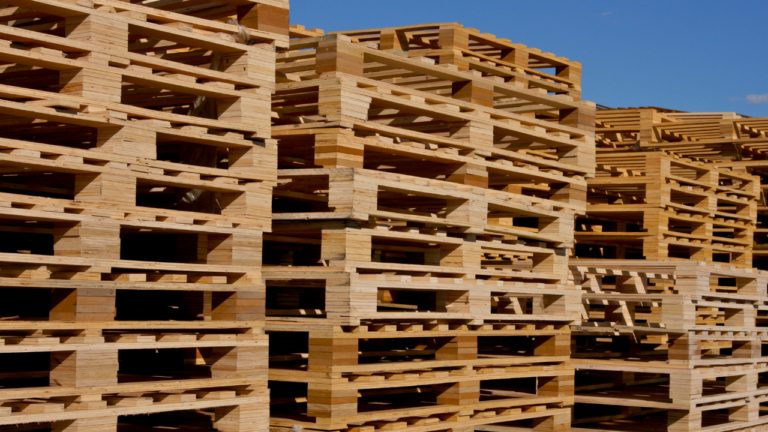 A stack of wooden pallets in the sun.