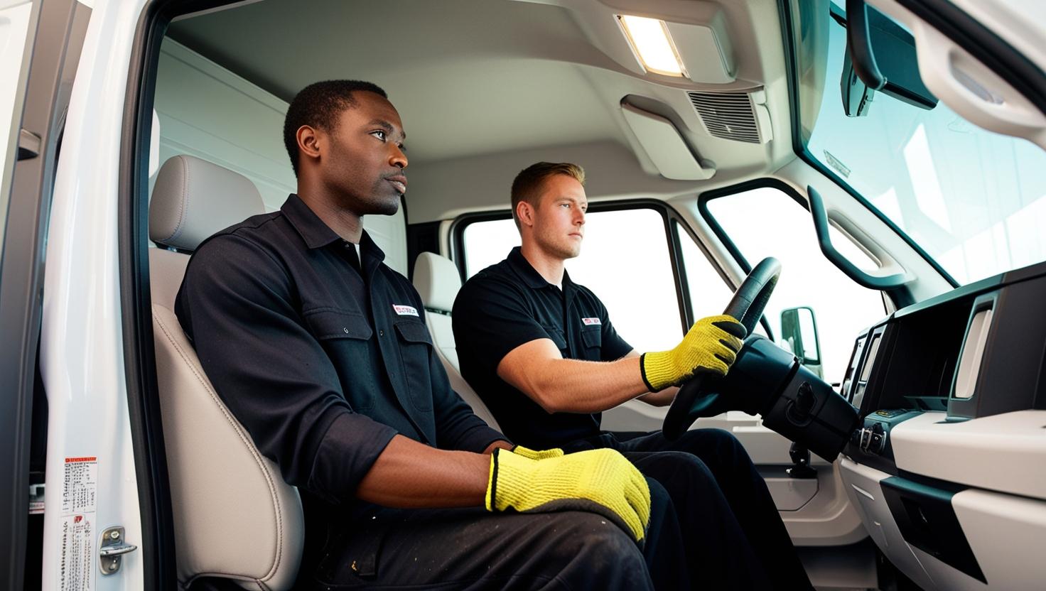 Two men in black shirts and yellow gloves driving a car.